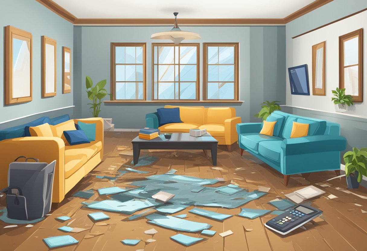 A room with a broken window, flooded floor, and damaged furniture. A calculator comparing different household insurance claims