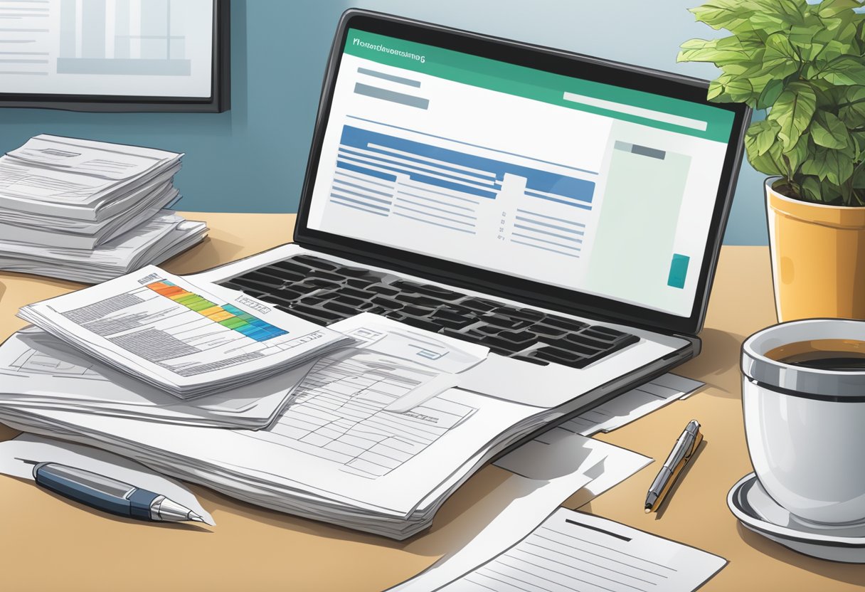 A table with a laptop, paperwork, and a calculator. A stack of insurance policy documents next to a "Hausratversicherung Vergleichsrechner" website on the screen