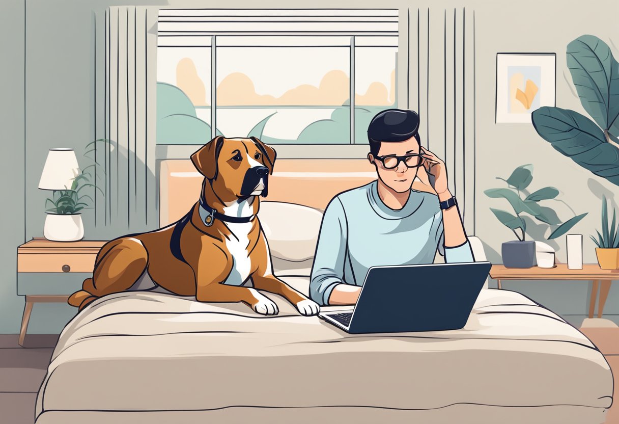 A dog lying on a comfortable bed with a concerned owner looking at a laptop, comparing different pet insurance plans