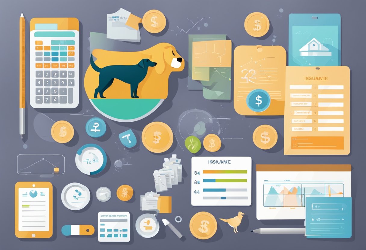 Factors impacting dog insurance costs shown on a comparison calculator, with charts and graphs, a dog silhouette, and various price tags