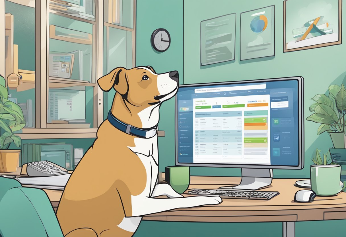 A dog owner comparing insurance rates using a computer, with various options displayed on the screen