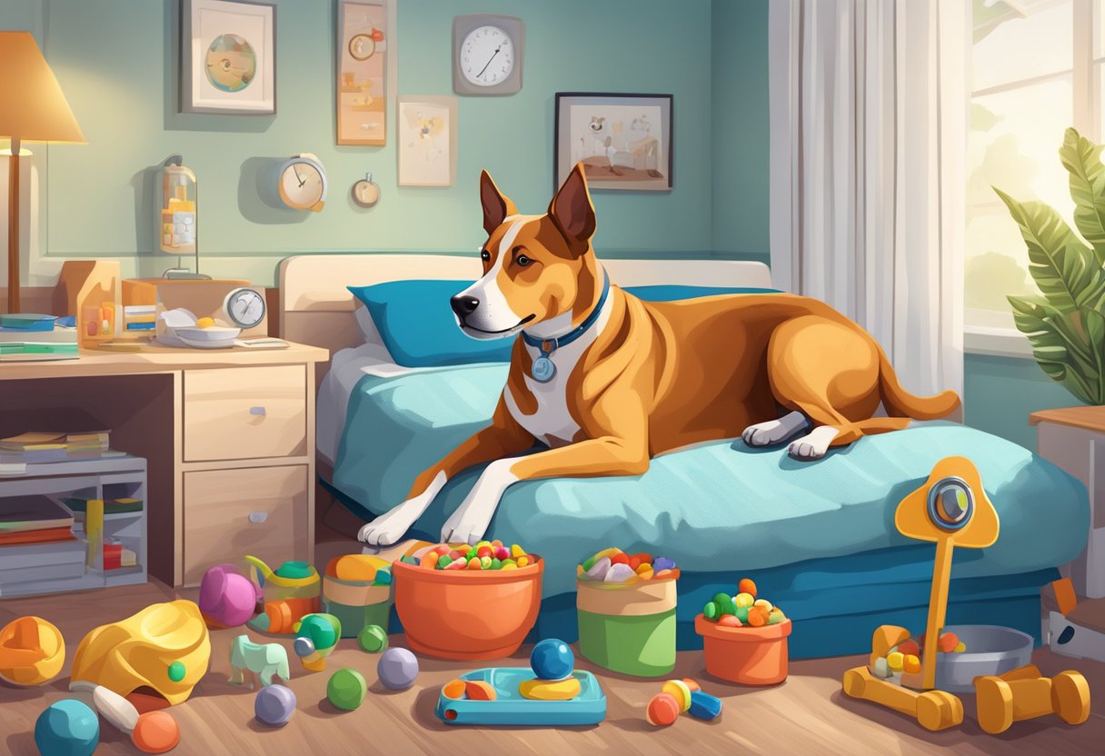 A dog lying on a comfortable bed, surrounded by toys and food bowls, with a veterinarian's office in the background