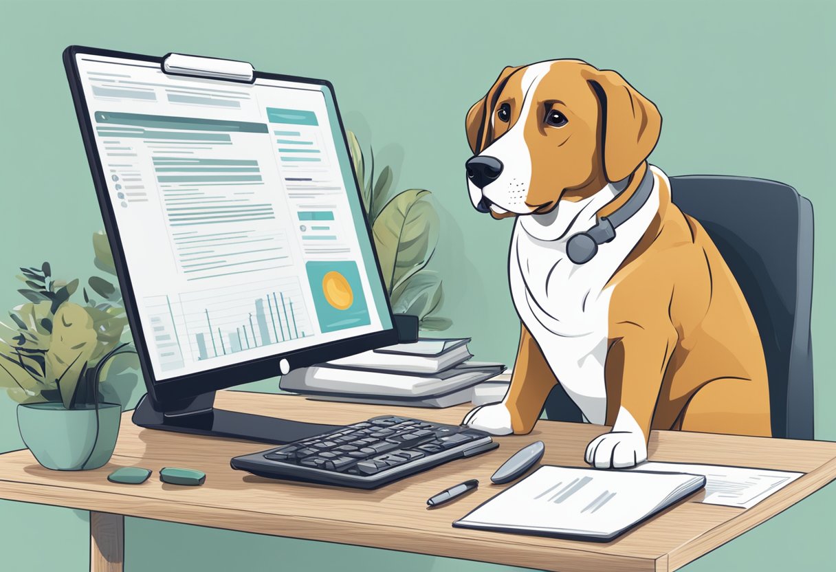 A table with a laptop open to a website showing a comparison of dog health insurance providers and plan details