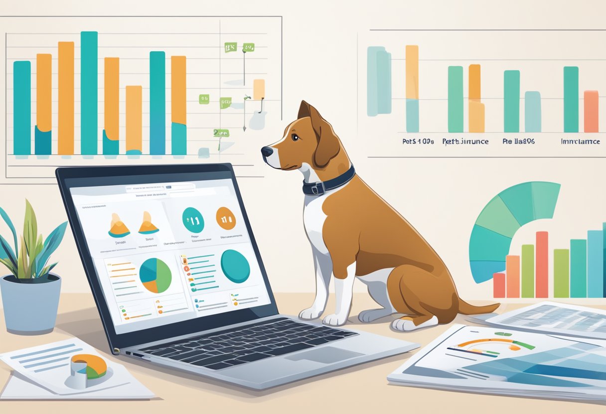 A dog sits beside a laptop displaying a comparison of pet insurance plans, with charts and graphs showing different coverage options