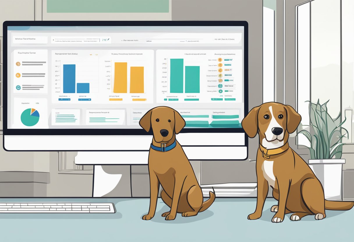 A dog sitting next to a computer screen showing a comparison chart of different dog liability insurance options