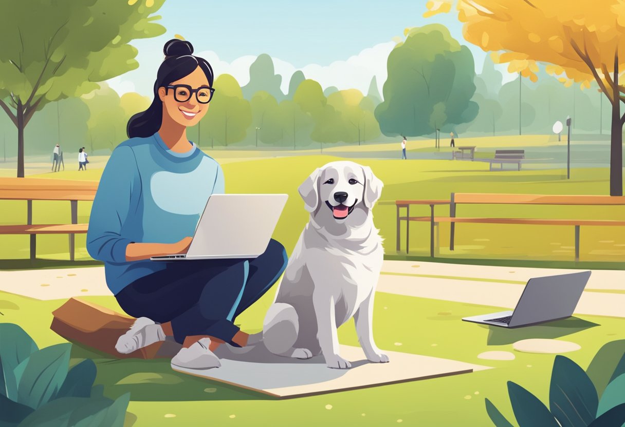 A dog happily plays in a sunny park, while a person compares dog liability insurance options on their laptop