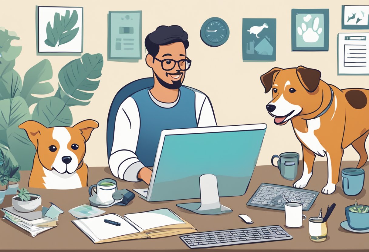 A dog owner comparing insurance plans on a computer, surrounded by various pet-related items and a happy dog