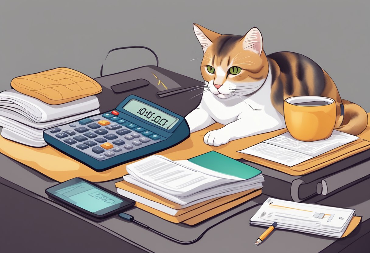 A cat lying on a cozy bed with a calculator and insurance documents nearby, representing financial management and comparison of cat health insurance