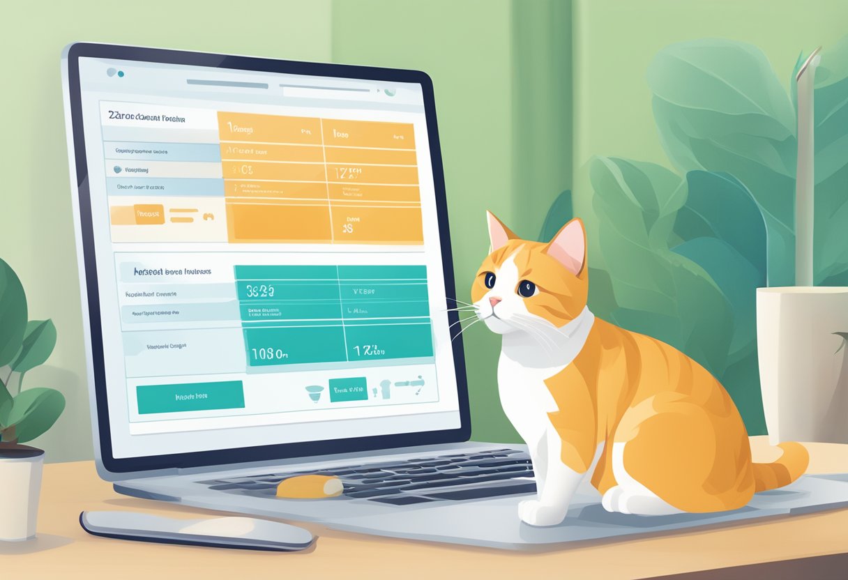 A computer screen displays a comparison chart of cat health insurance plans, with legal regulations and data protection information visible