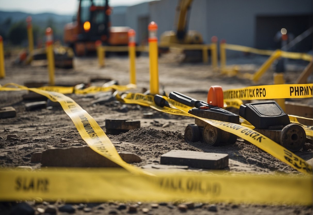 A construction site with scattered tools and materials, surrounded by caution tape and safety signs