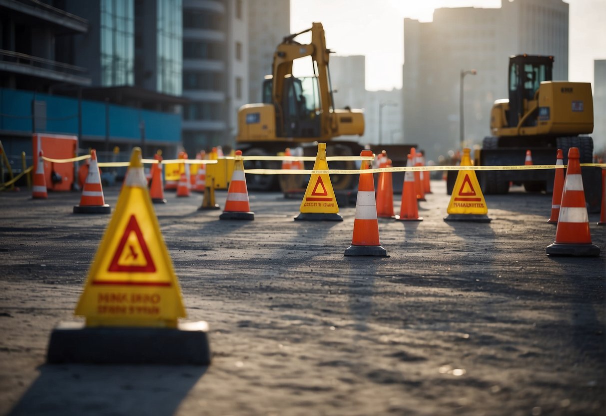 A construction site with workers and equipment, surrounded by caution signs and safety barriers