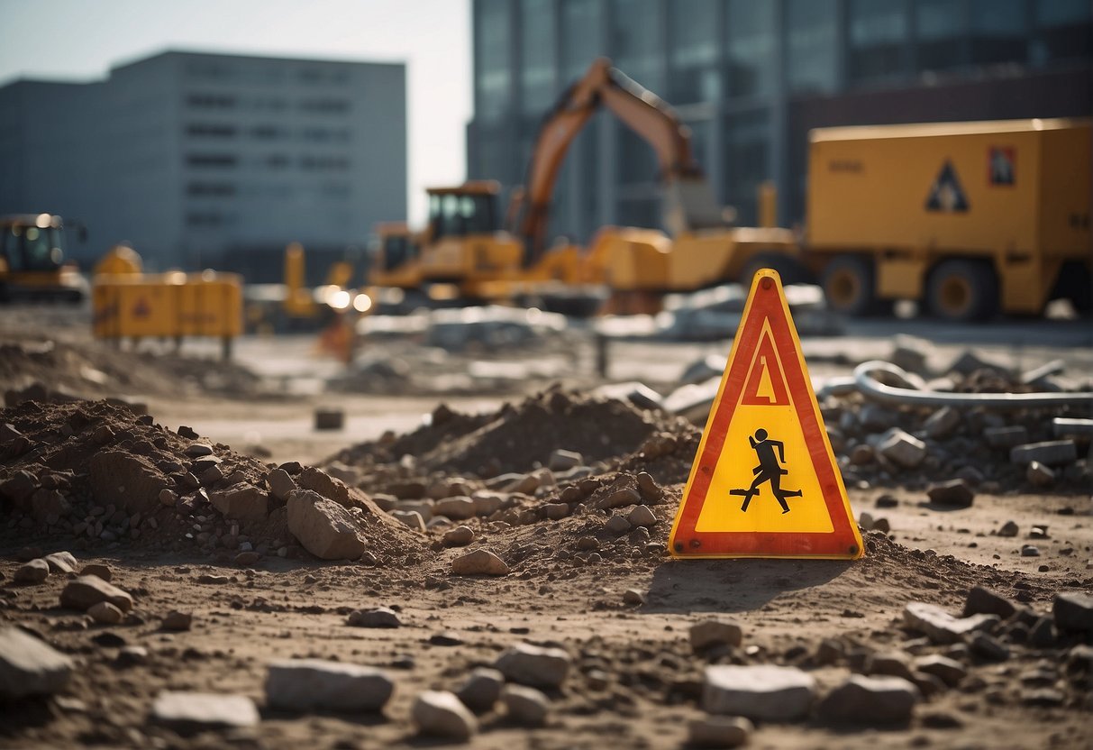 A construction site with various hazards, such as falling debris and uneven ground, surrounded by warning signs and safety barriers