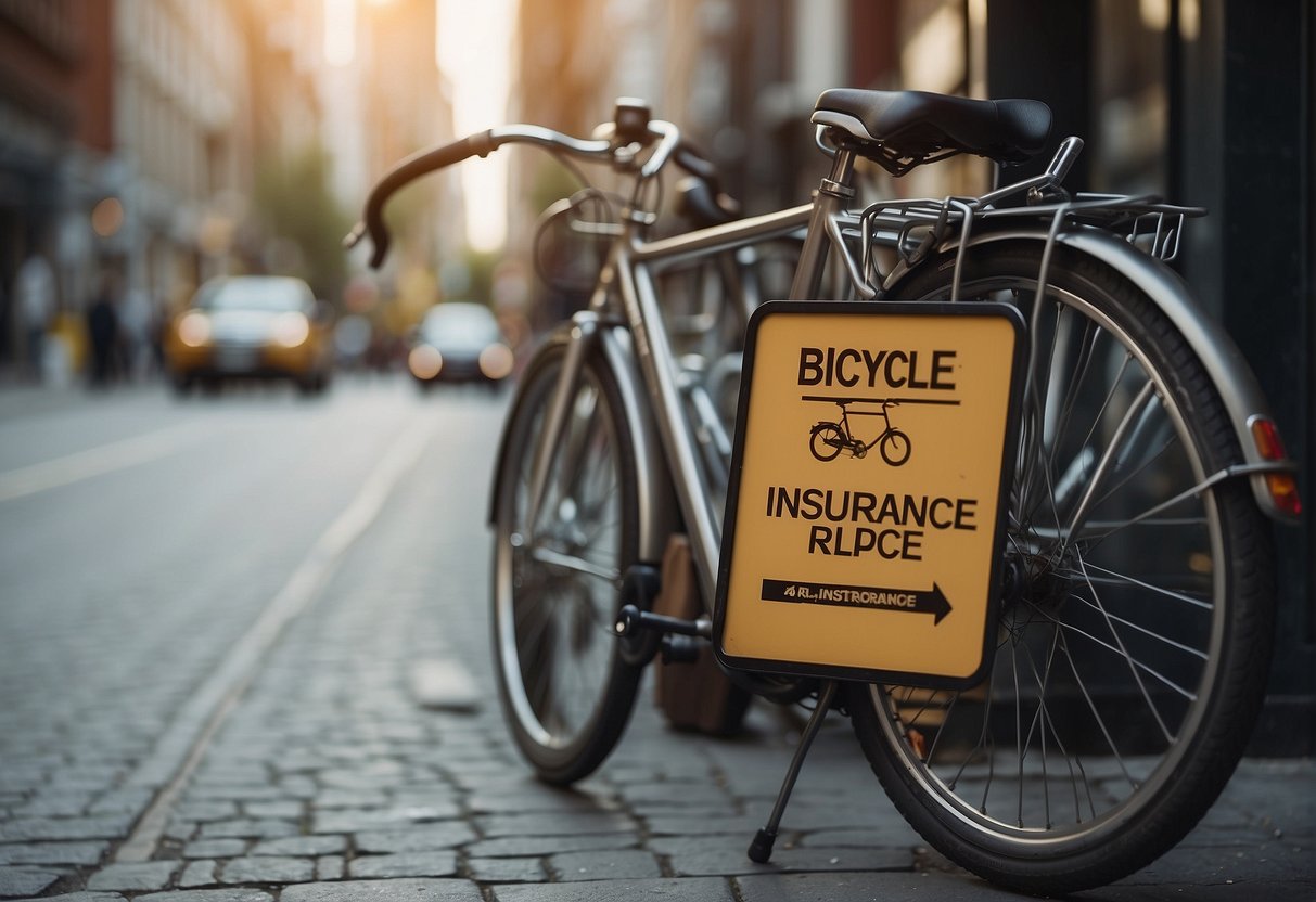 A bicycle locked to a rack in a busy city street, with a sign nearby promoting bicycle insurance
