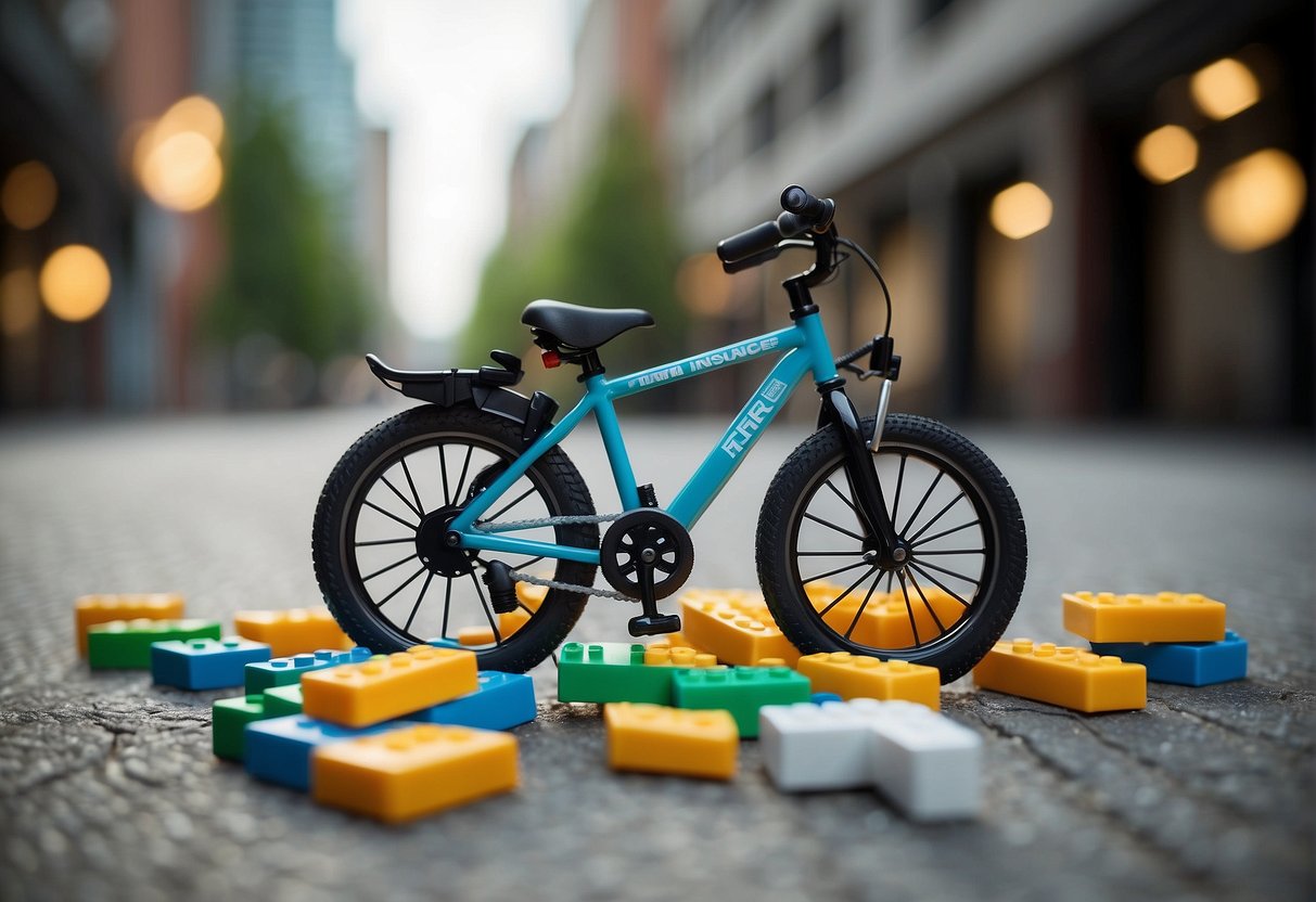 A bicycle surrounded by various insurance options and building blocks, symbolizing additional choices for bike insurance comparison