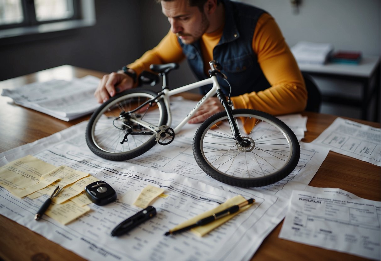 A person inspects a damaged bicycle, surrounded by insurance paperwork and a comparison chart. The scene conveys the process of comparing and filing a bicycle insurance claim
