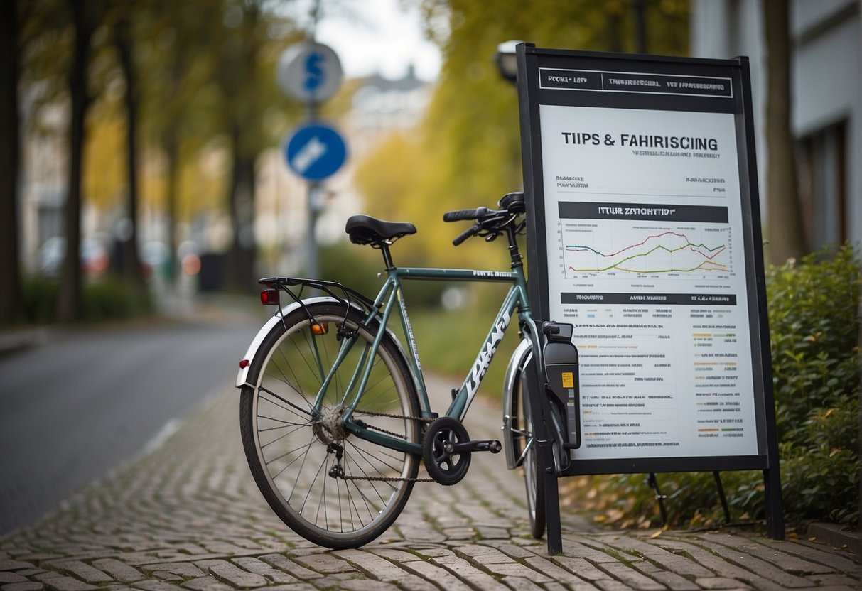 A bicycle parked next to a sign displaying "Tipps zur Fahrradversicherung Fahrradversicherung Vergleich" with a comparison chart in the background