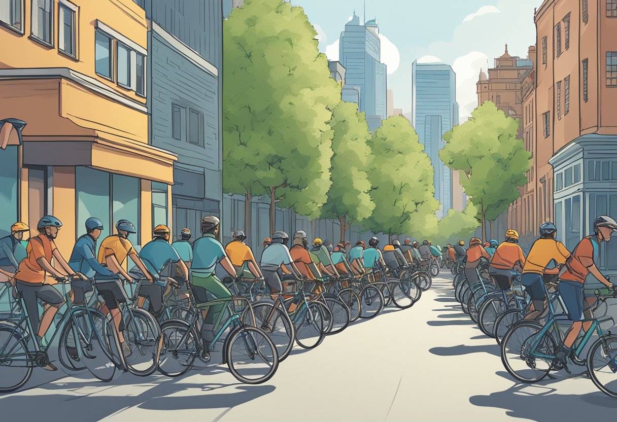 A group of bicycles lined up in a row, each with a different insurance policy displayed next to it. The background shows a cityscape with cyclists riding along the streets