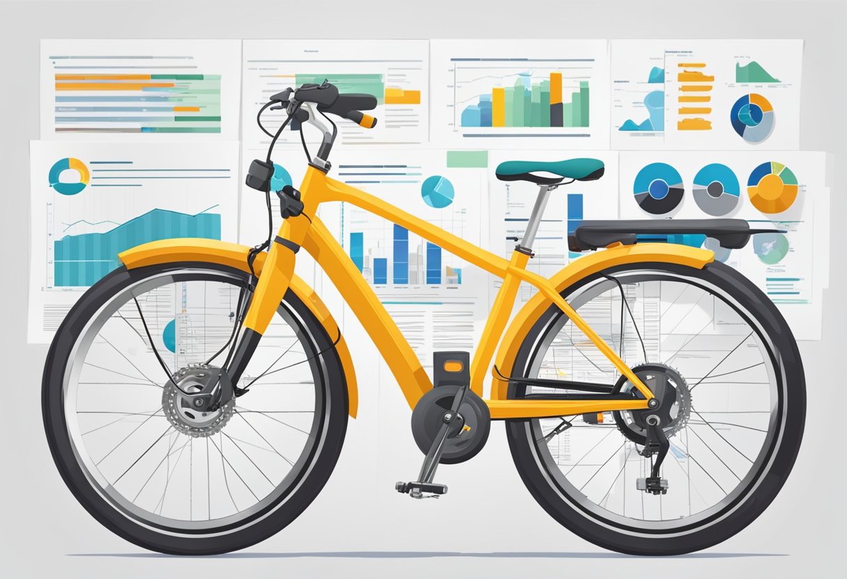 A bicycle with an electric motor is surrounded by various insurance policy documents and comparison charts, symbolizing the process of comparing and selecting the best Pedelec insurance coverage