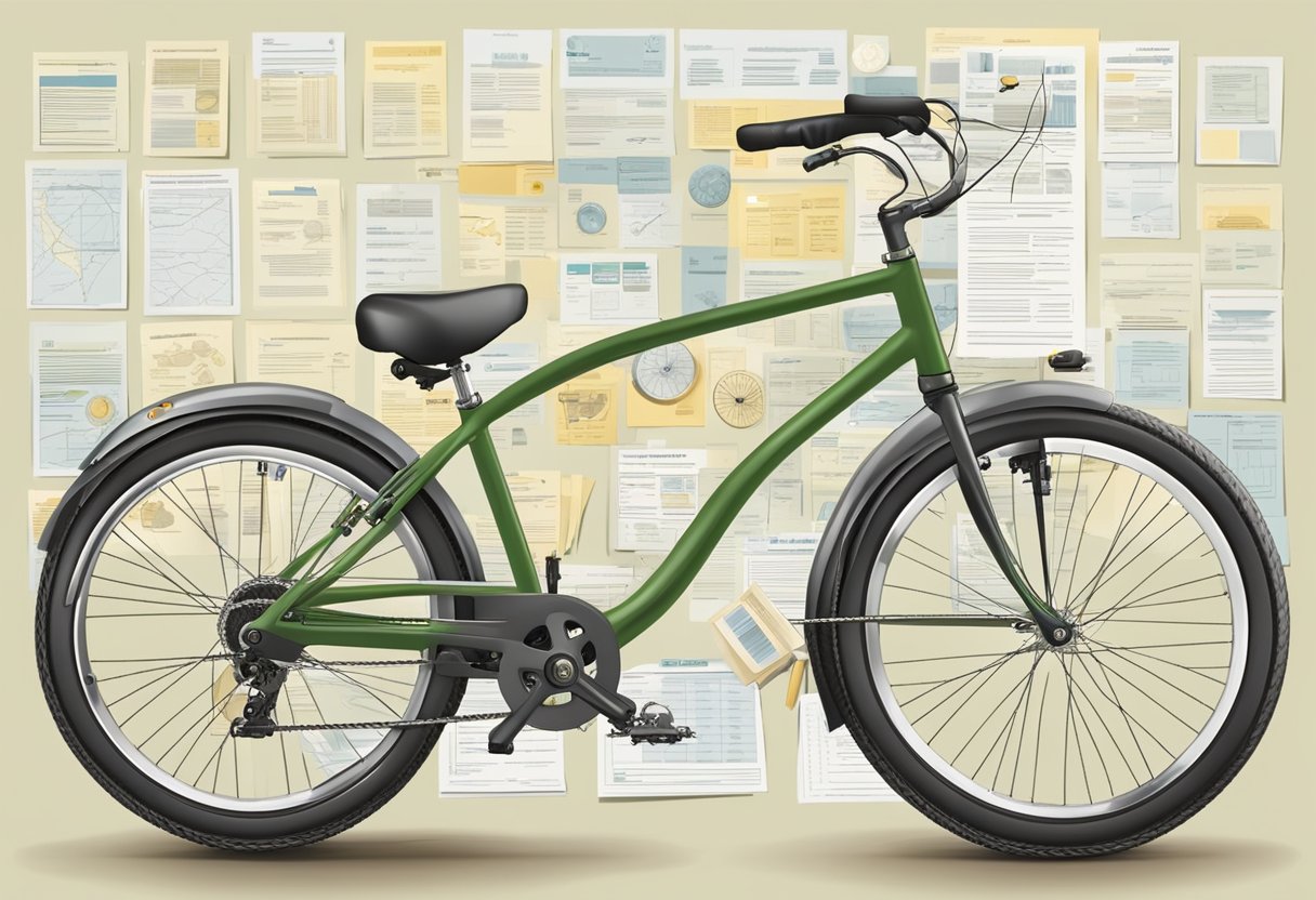 A bicycle with a motor attached is surrounded by various insurance policy documents and comparison charts, showcasing the different options available for coverage