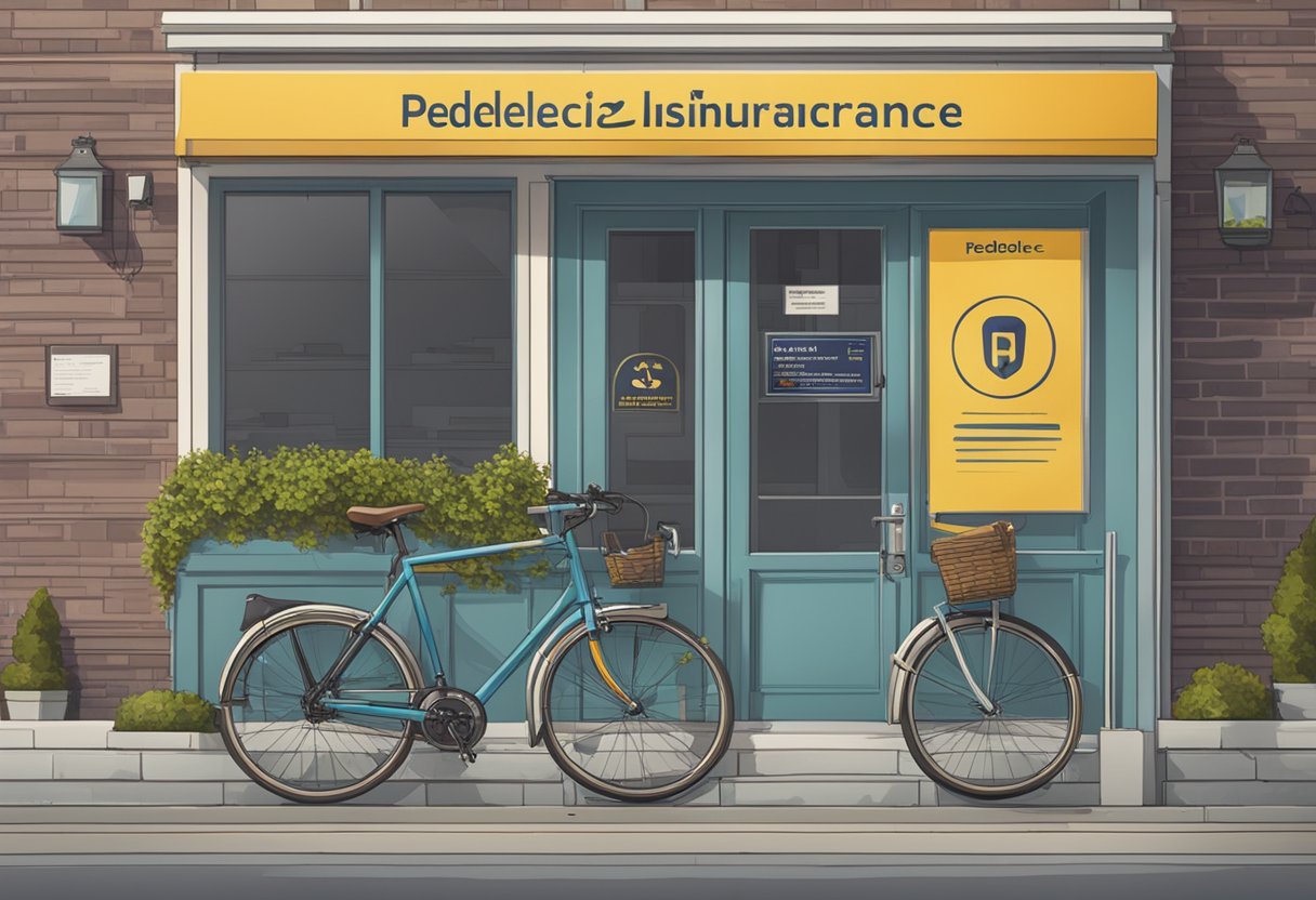 A bicycle parked in front of an insurance office with a sign displaying "Pedelec Insurance Comparison: The Ultimate Tariff Check for Cyclists"