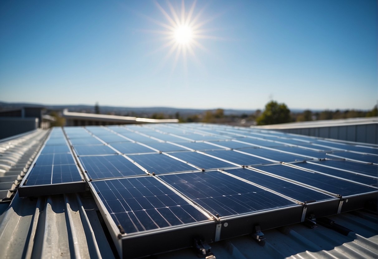 A solar panel sits on a rooftop, surrounded by a clear blue sky. It is protected by a sturdy insurance policy, ensuring its financial viability