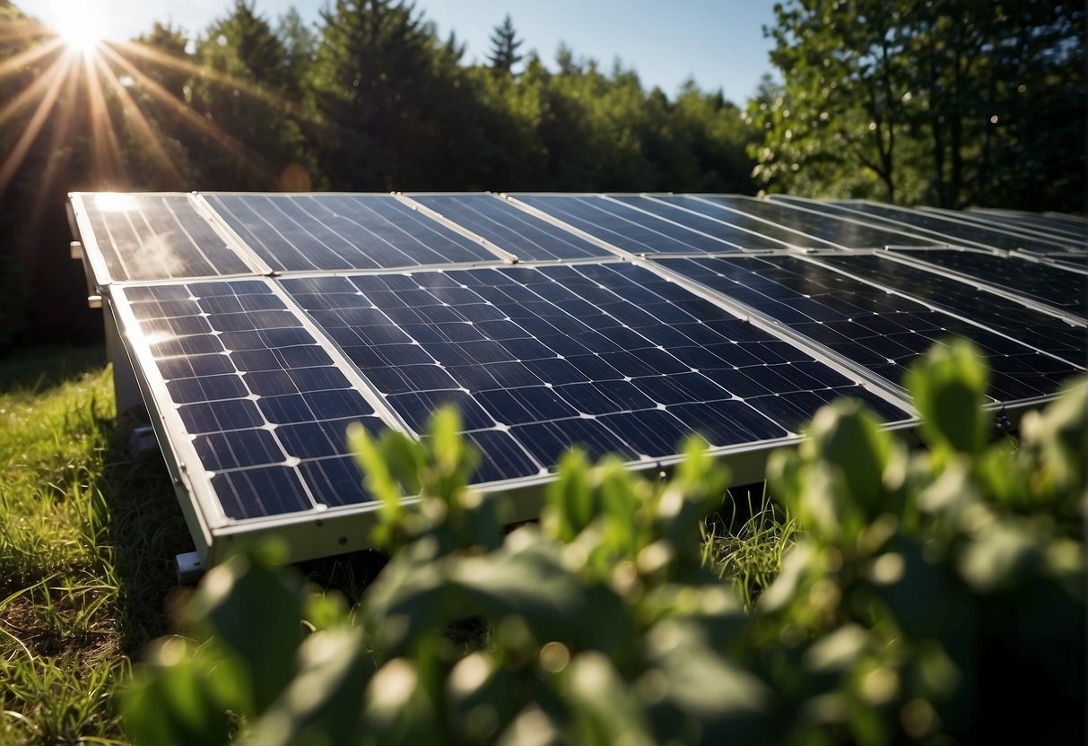 A solar panel array is bathed in sunlight, surrounded by greenery. A clear blue sky provides a backdrop for the scene, highlighting the importance of insurance for photovoltaic installations