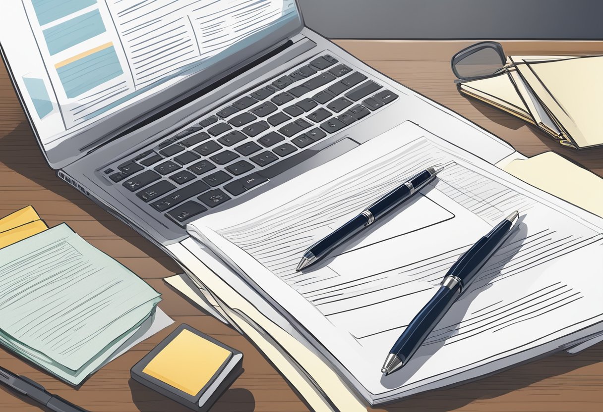A table with legal documents, a pen, and a laptop, representing contract terms for legal insurance comparison