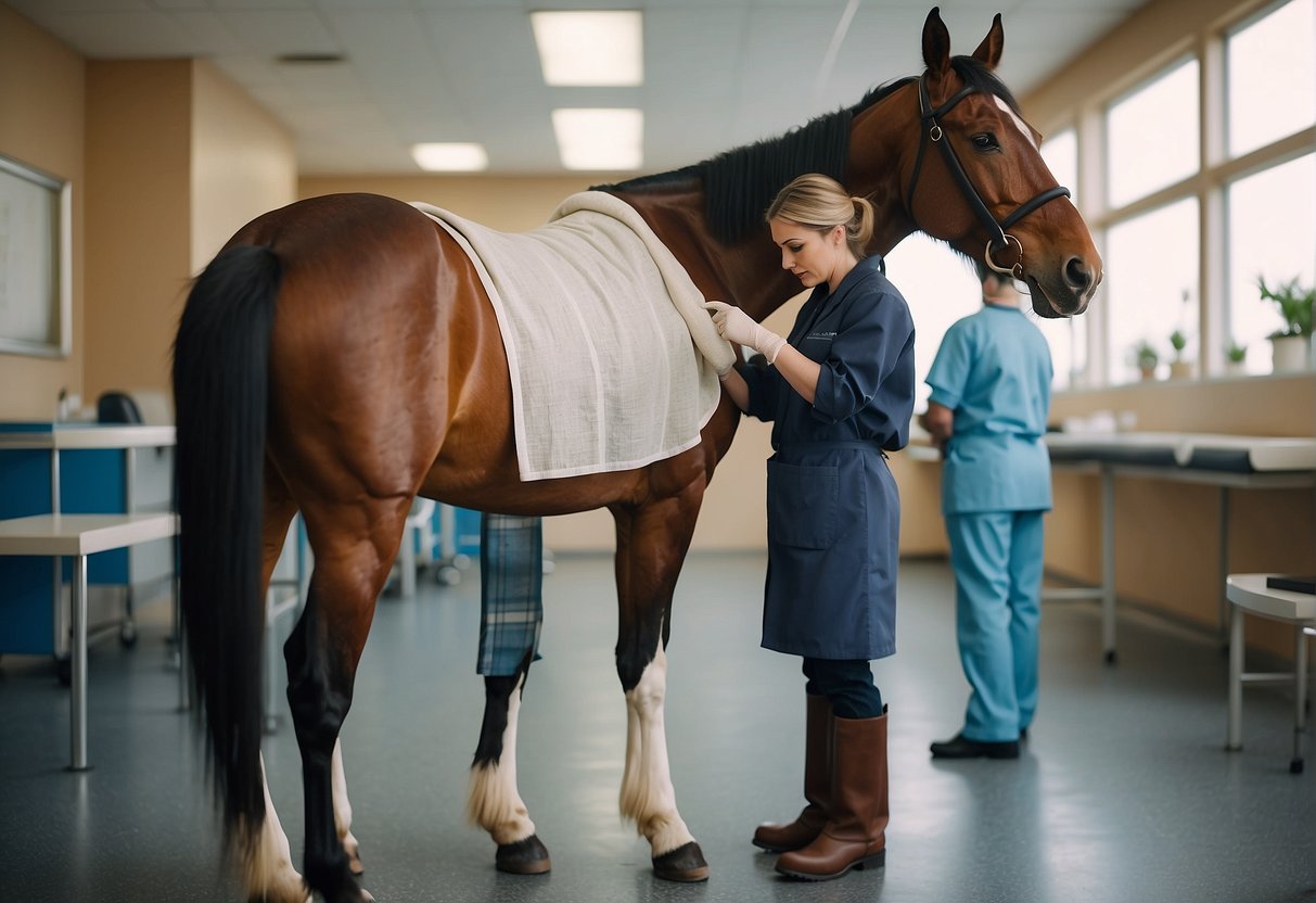 A horse with a bandaged leg stands in a veterinary clinic, while a veterinarian examines its medical records
