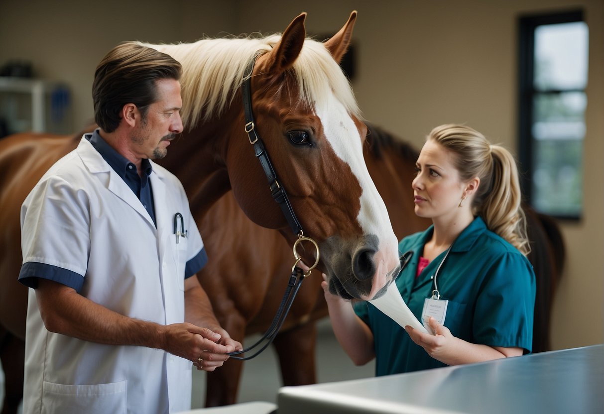 A horse receiving medical treatment with a veterinarian and an insurance agent discussing coverage options