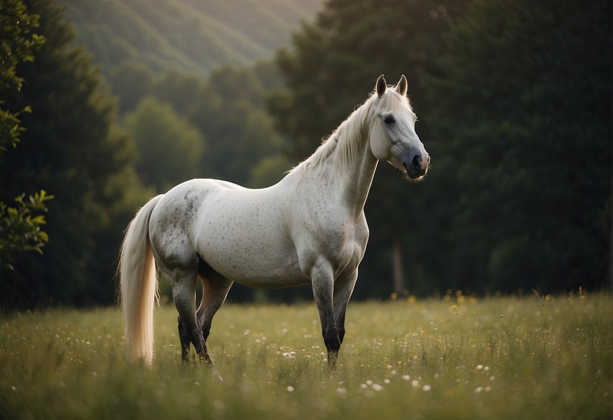 A horse stands in a peaceful pasture, surrounded by lush greenery. A veterinary symbol and various insurance options float in the air above the horse