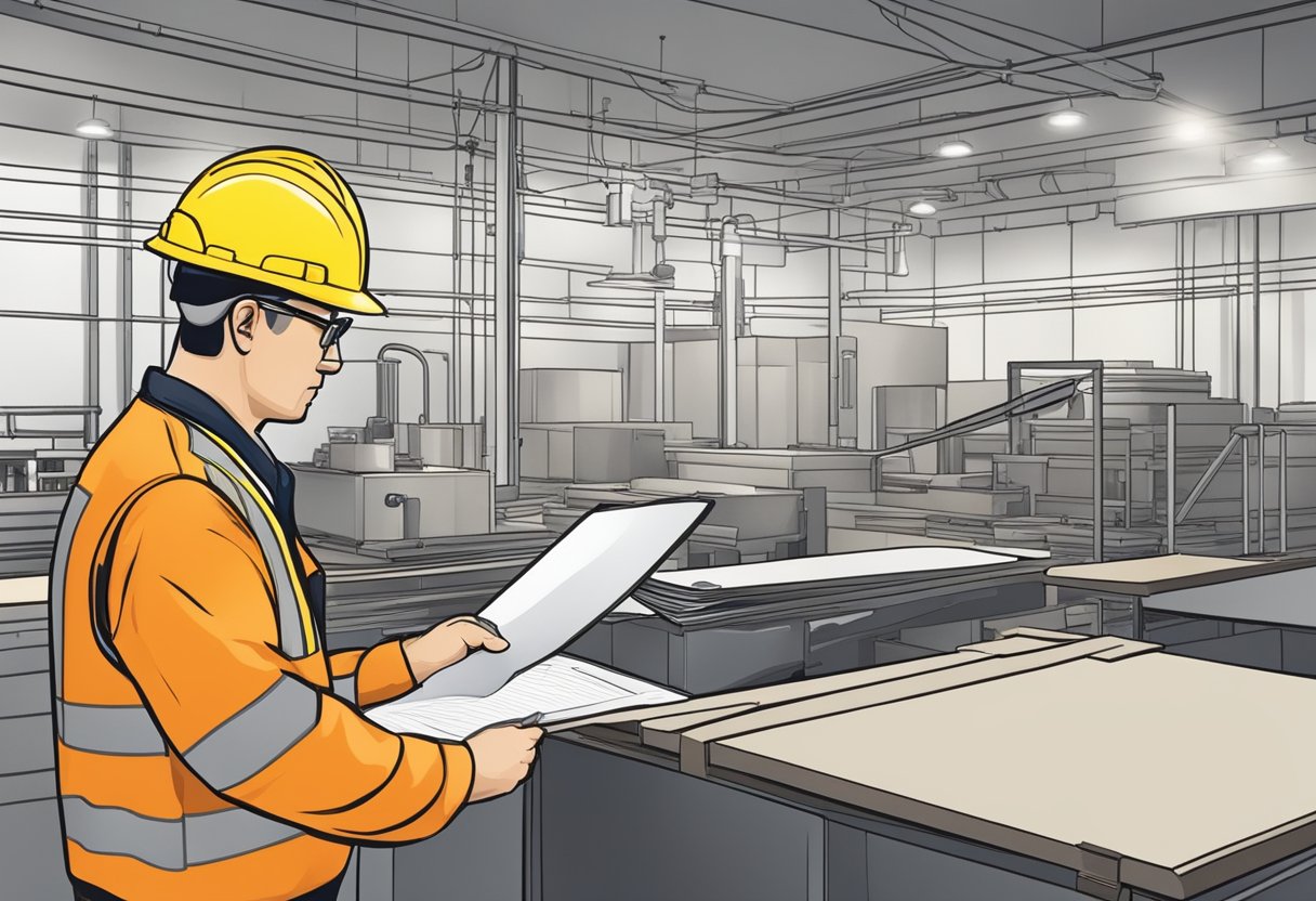 A safety inspector examines a workplace, checking for hazards and ensuring proper safety measures are in place