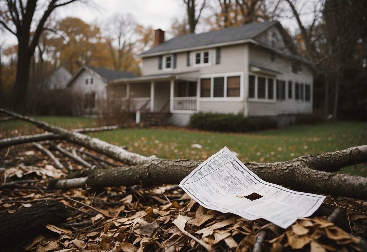 A house with a damaged roof and a broken fence, surrounded by fallen trees and debris. Insurance documents and a damaged property sign are visible