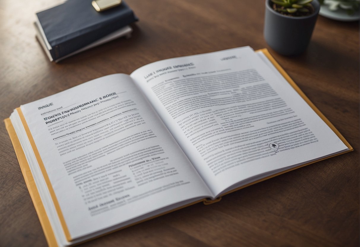 A homeowner's insurance policy booklet lies open on a table, with a highlighted section on liability coverage for property owners