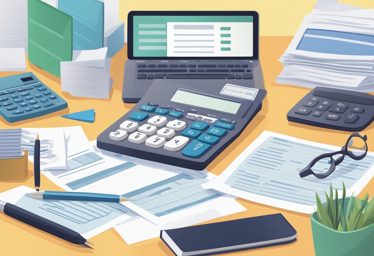 A company setting with paperwork and a calculator, symbolizing tax deductions for employer-provided health insurance