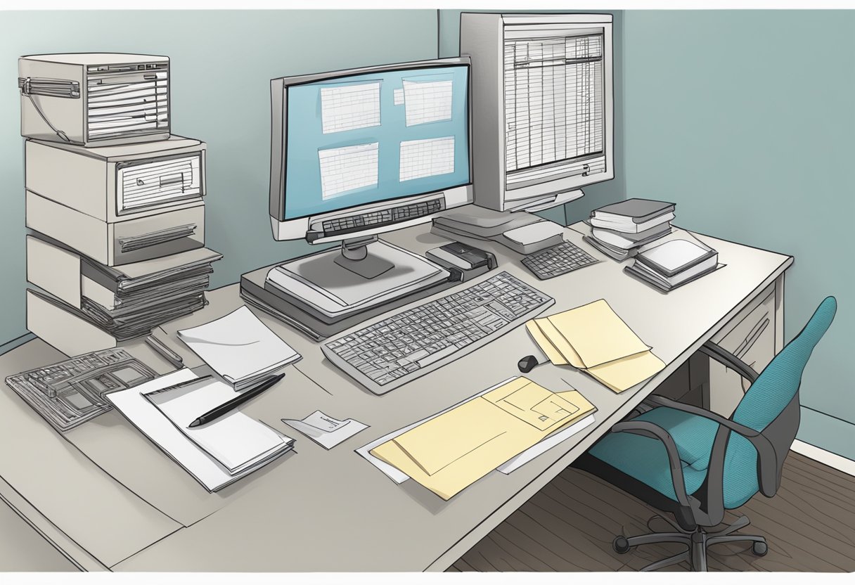 A desk with a computer, calculator, and paperwork. A file labeled "Betriebliche Krankenversicherung" sits on the desk