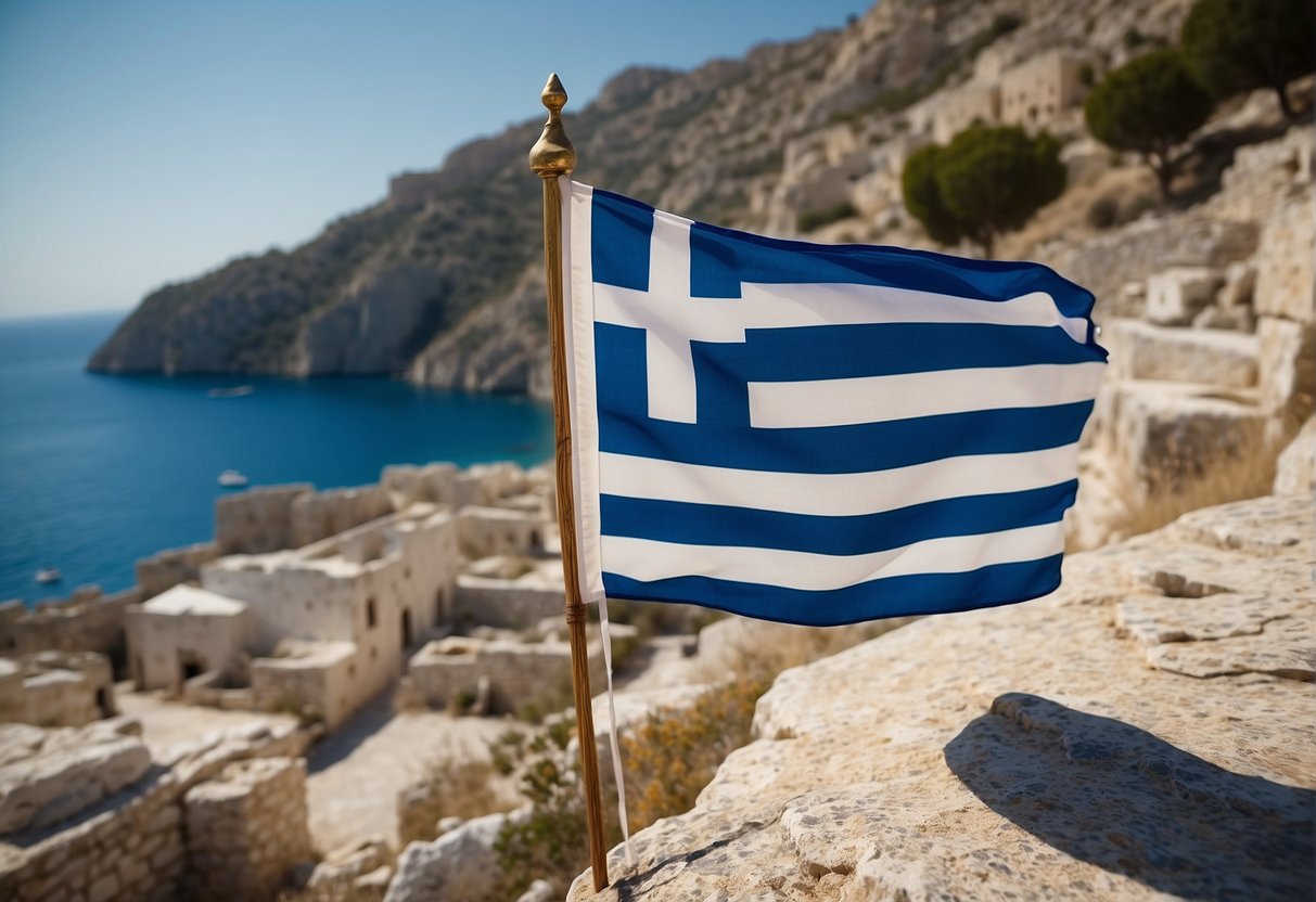 A Greek flag waving in the wind against a backdrop of ancient ruins and crystal-clear blue waters