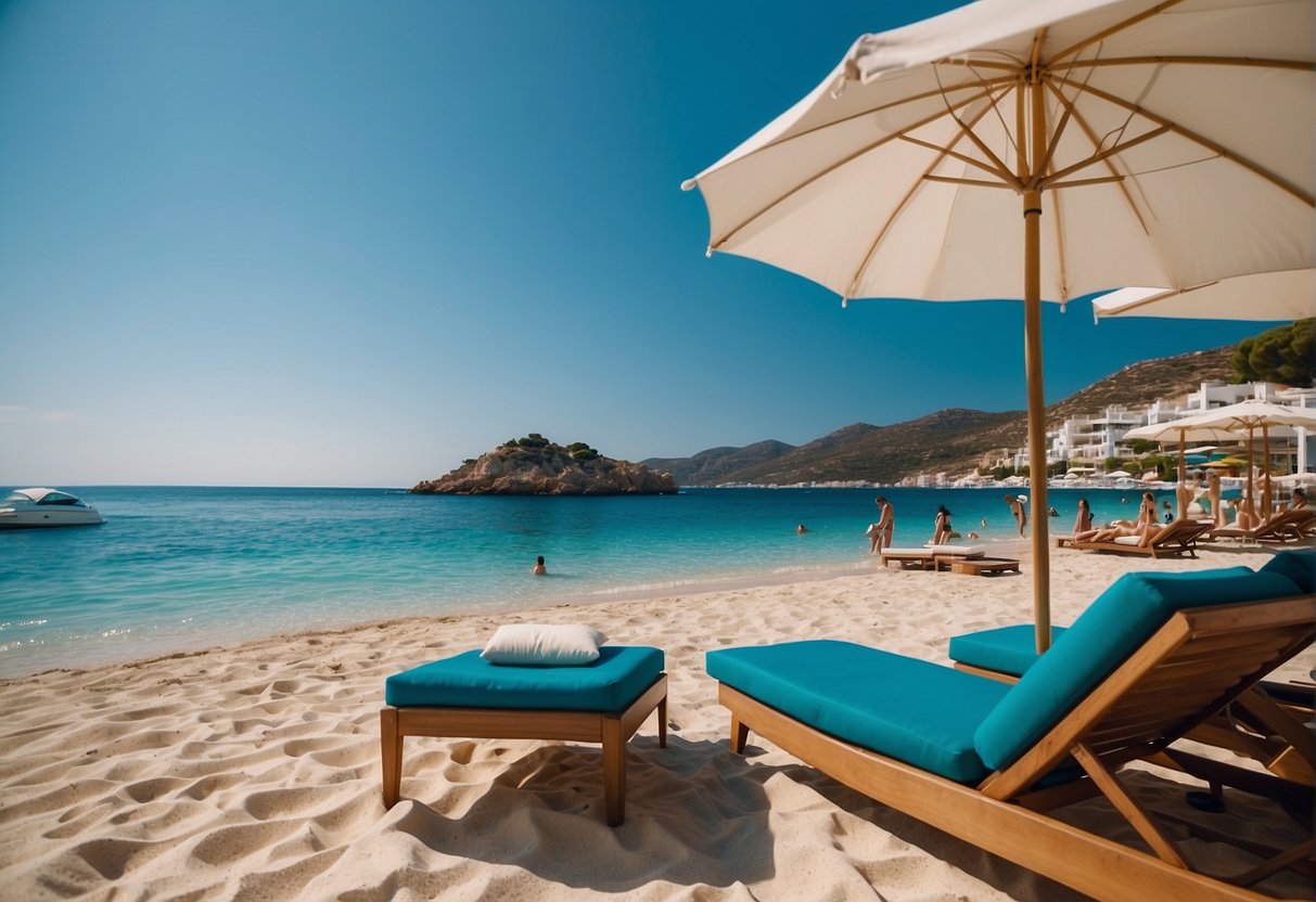 A sunny beach in Greece with a clear blue sky, white sand, and turquoise waters. A couple lounges under a colorful umbrella, while others swim and play in the water
