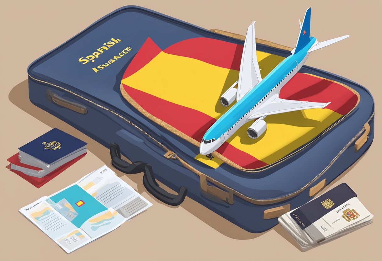 A suitcase with a Spanish flag sticker sits next to a travel insurance brochure, with a passport and plane ticket nearby
