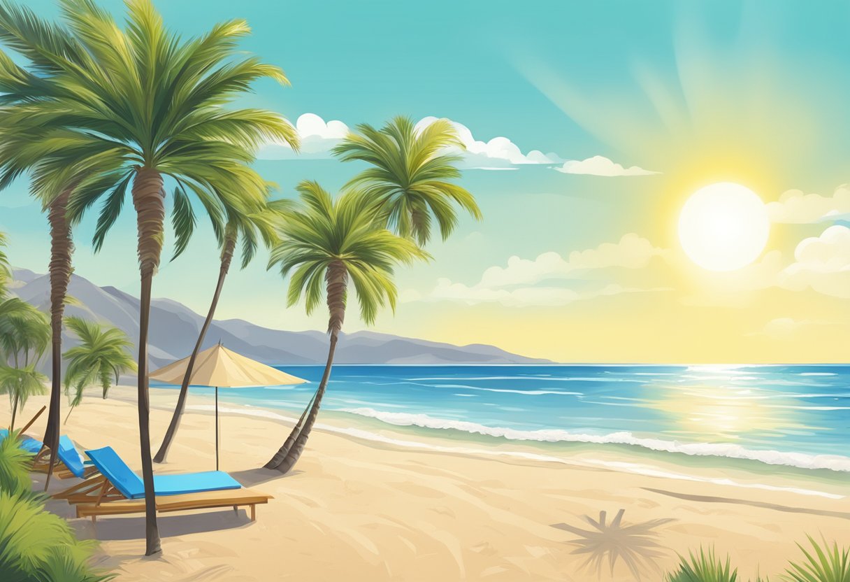 A sunny beach in Spain with a clear blue sky and palm trees, depicting a peaceful and relaxing atmosphere for an overseas health insurance illustration
