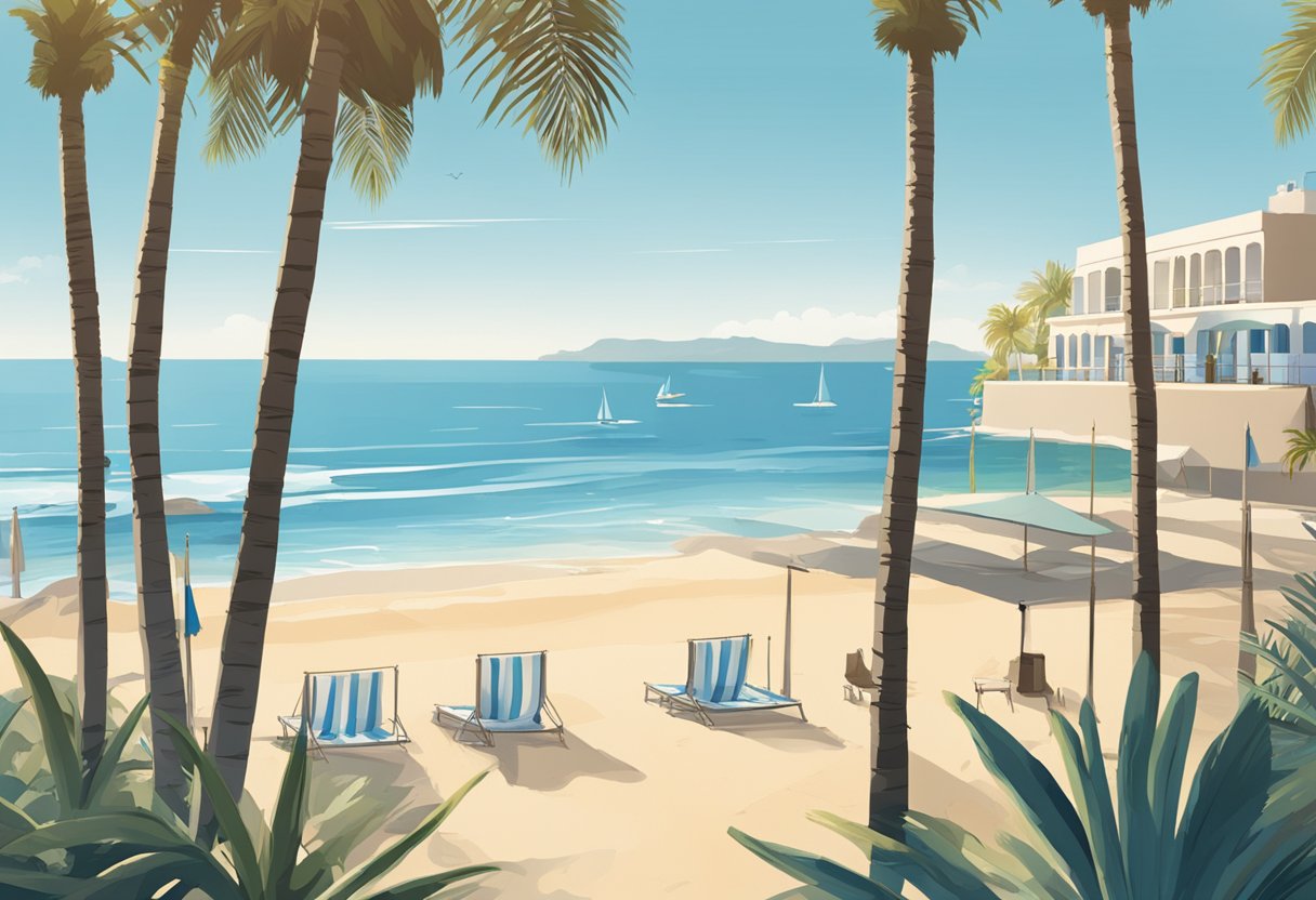 A sunny beach in Spain with a clear blue sky, palm trees, and a calm ocean, with a sign indicating "Versicherungsleistungen im Detail Auslandskrankenversicherung für Spanien."