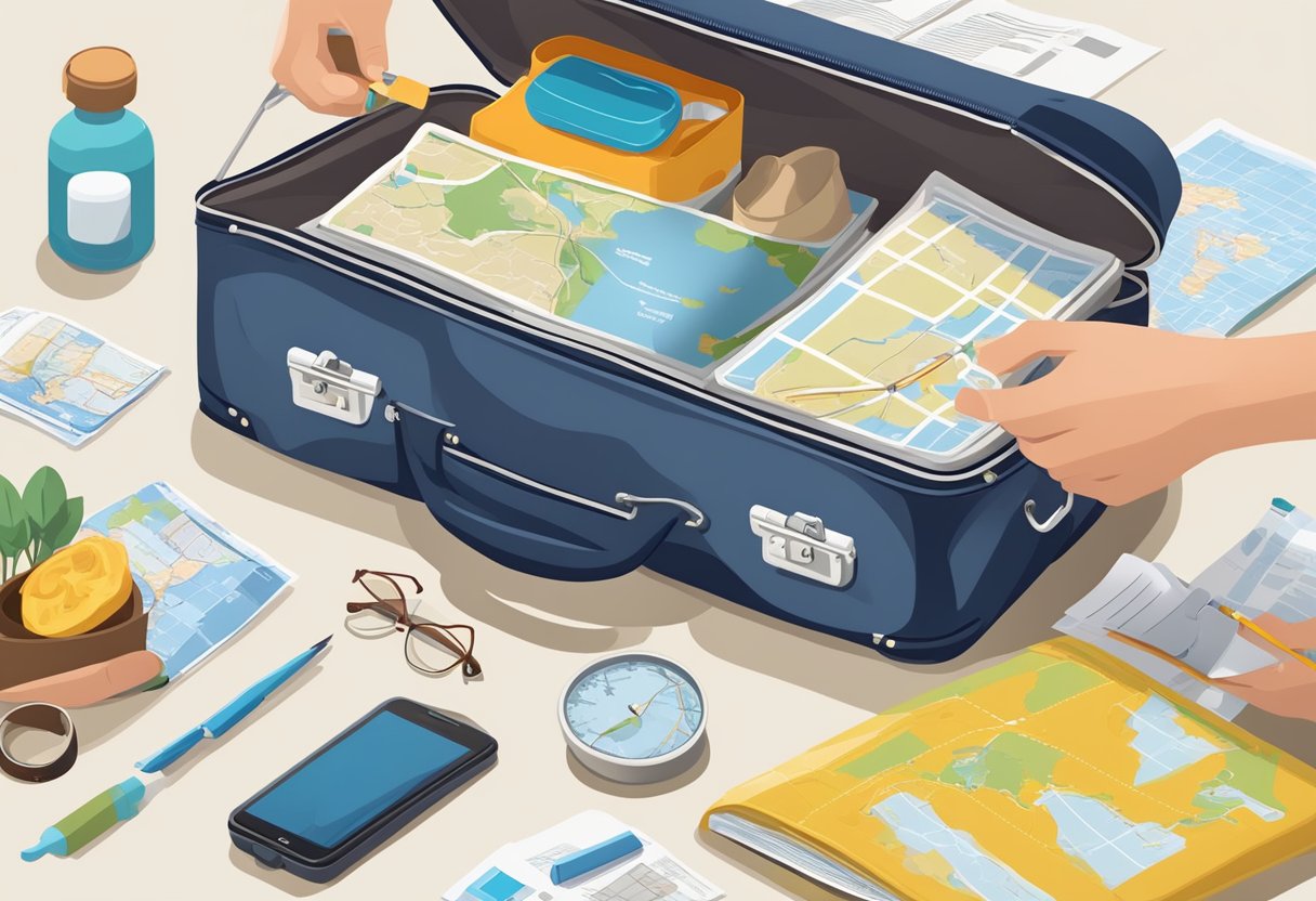 Preparation for travel to Spain, showing a person packing a suitcase with travel essentials and a map, while receiving safety tips and information about international health insurance