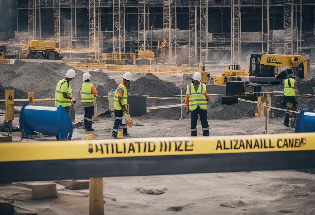A construction site with workers and equipment, surrounded by caution tape and safety signs, with the Allianz logo displayed prominently