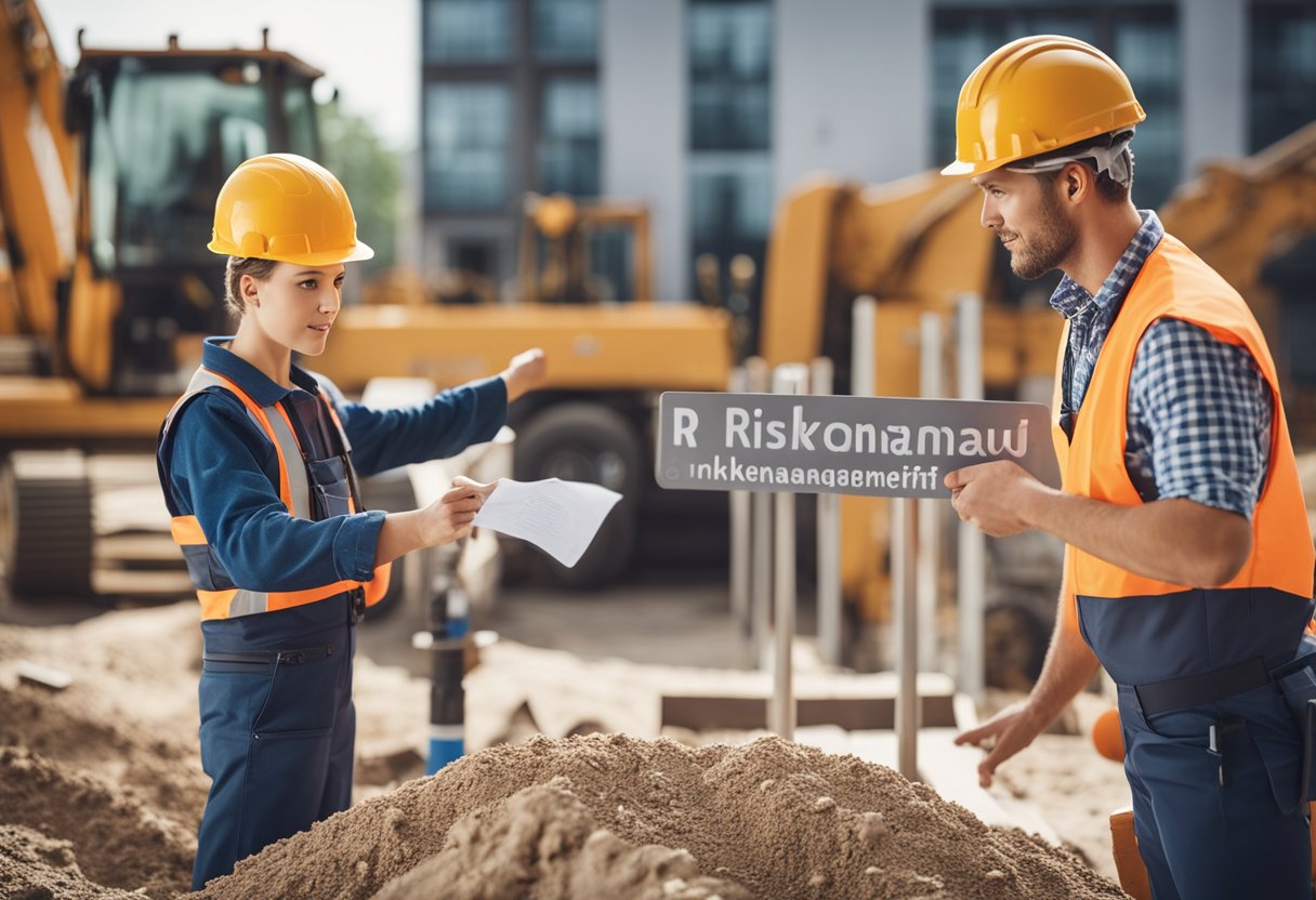 A construction site with workers, materials, and equipment, with a sign displaying "Risikomanagement am Bau Bauherrenhaftpflicht Allianz"