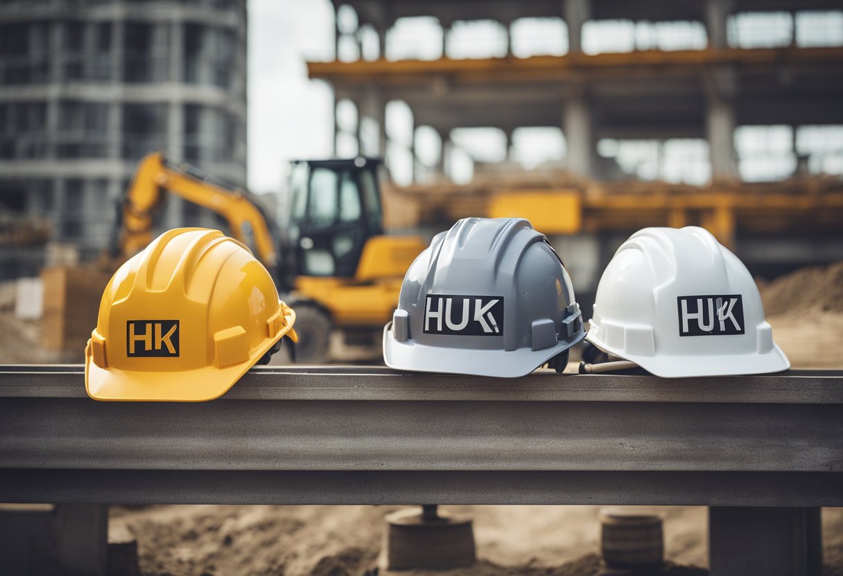 A construction site with workers and equipment, featuring the HUK Bauherrenhaftpflichtversicherung logo prominently displayed on a sign or banner