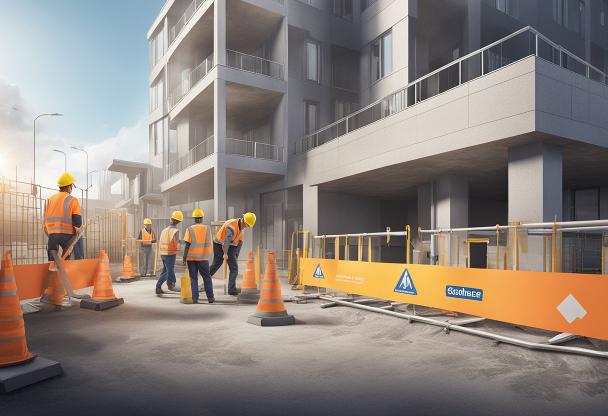 A construction site with Gothaer insurance signage, safety barriers, and workers