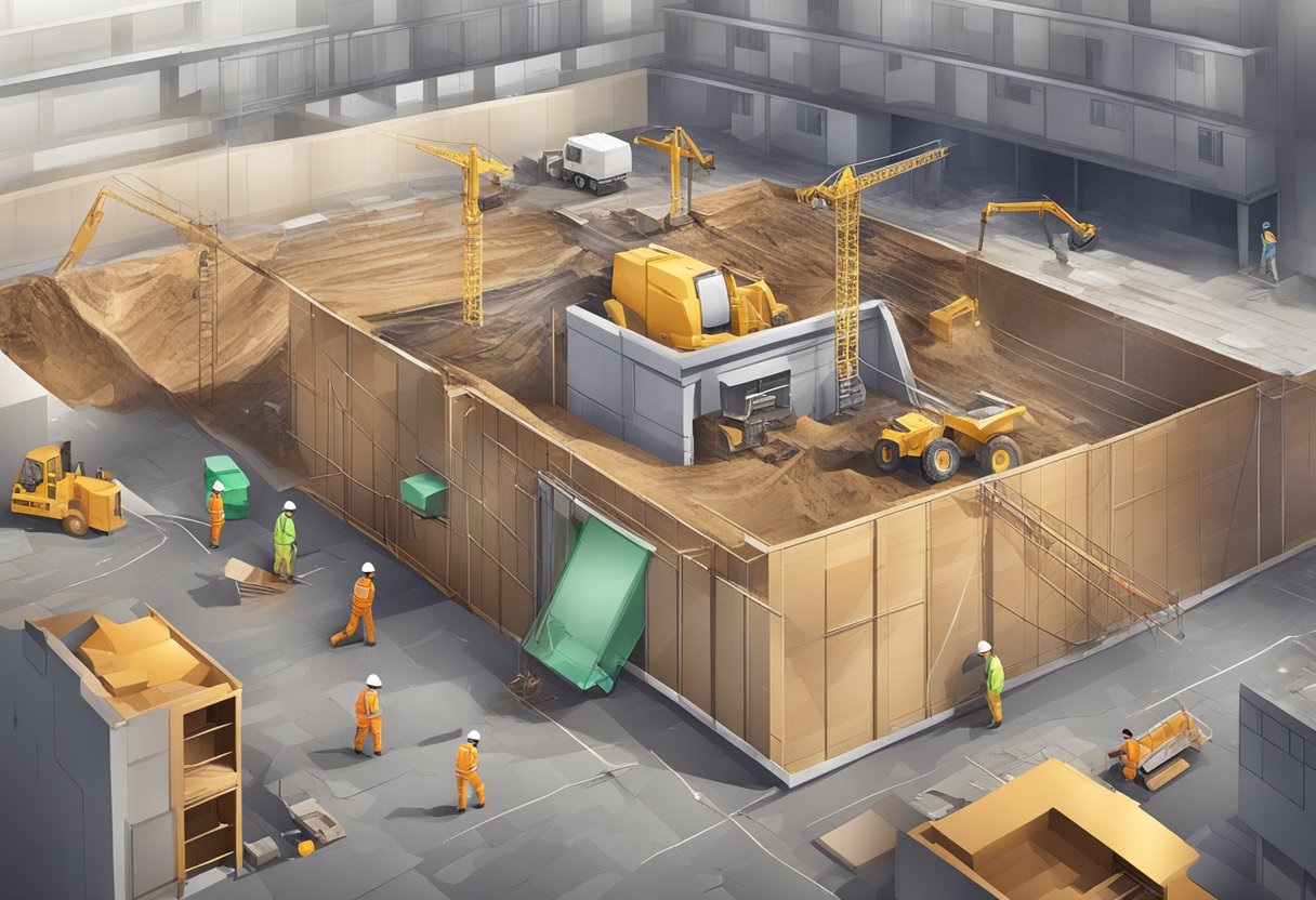 A construction site with various hazards and potential risks, such as falling objects, uneven ground, and exposed electrical wiring