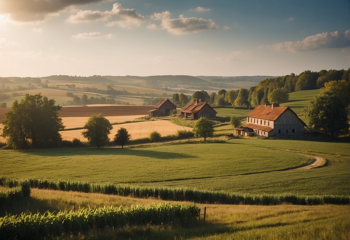A rural landscape with a farmhouse, livestock, and fields, under the protection of Allianz's property owner liability insurance