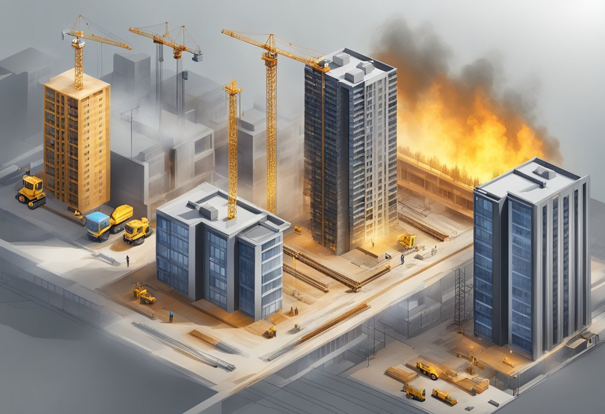 A scene of various construction sites with different levels of progress, comparing coverage and performance of fire insurance for buildings under construction