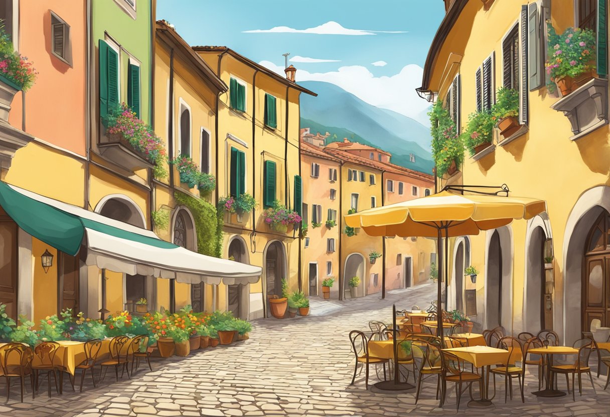 A sunny Italian street with a charming cafe, cobblestone sidewalks, and colorful buildings. A sign prominently displays "Auslandskrankenversicherung für Italien."