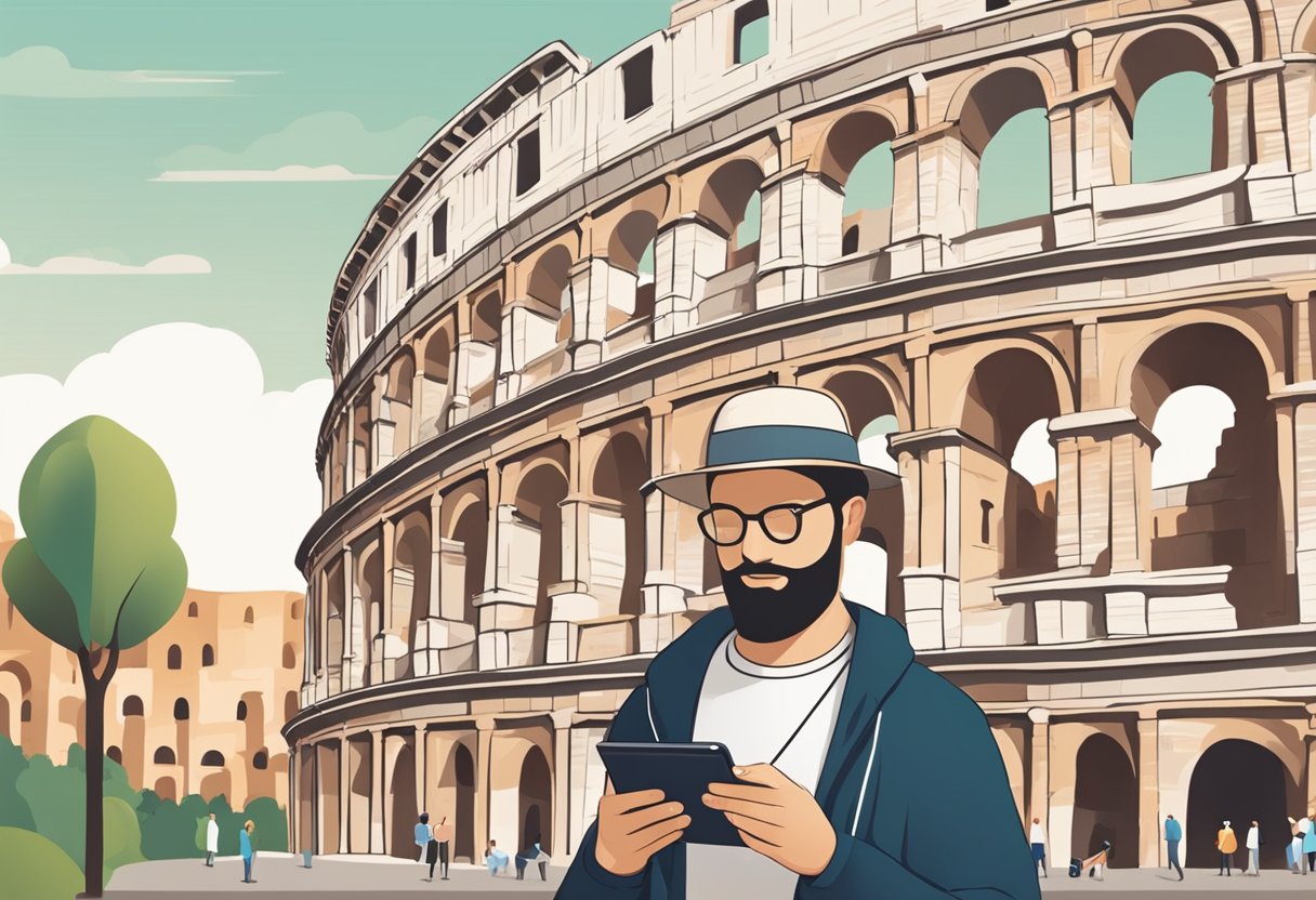 A traveler in Italy using a mobile app to purchase and manage their international health insurance, with the Colosseum in the background